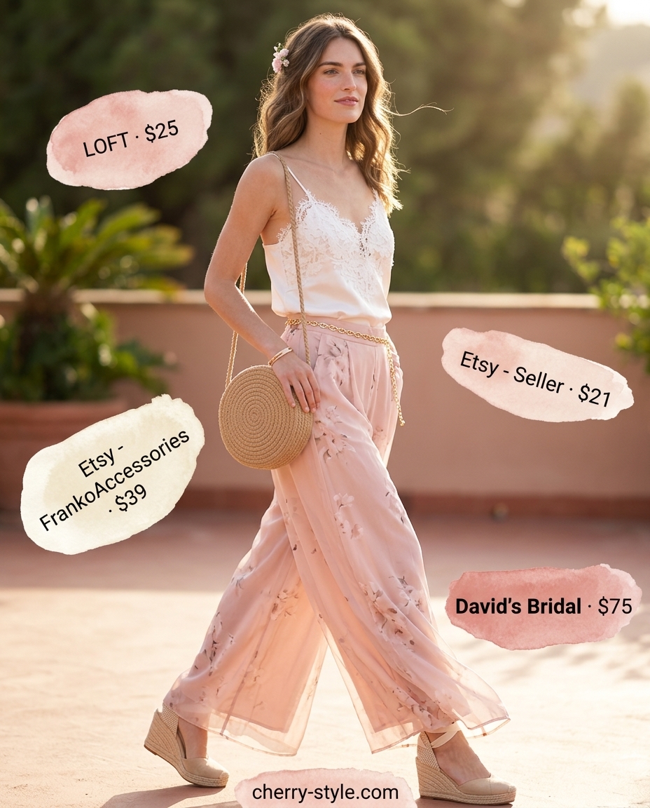Romantic blush pink summer palazzo wide leg pants outfit for women 2026: pink pants, white camisole, espadrilles.