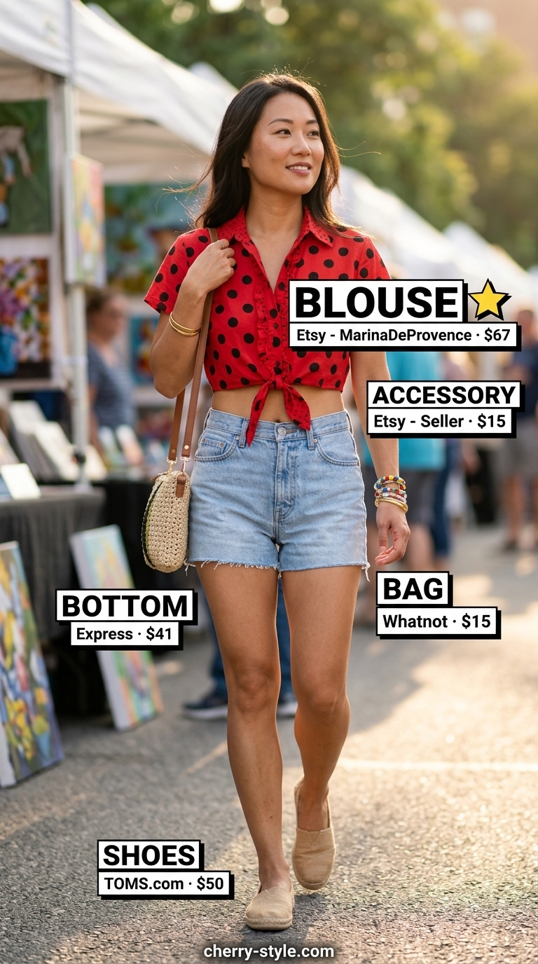 Artful white polka dot blouse with white denim shorts for creative summer polka dots blouse outfits for women 2026.