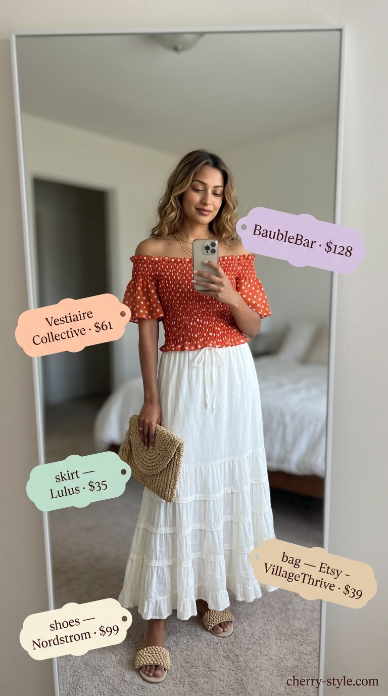 Burnt orange polka dot off-shoulder blouse with tiered maxi skirt for a beach dinner 2026.