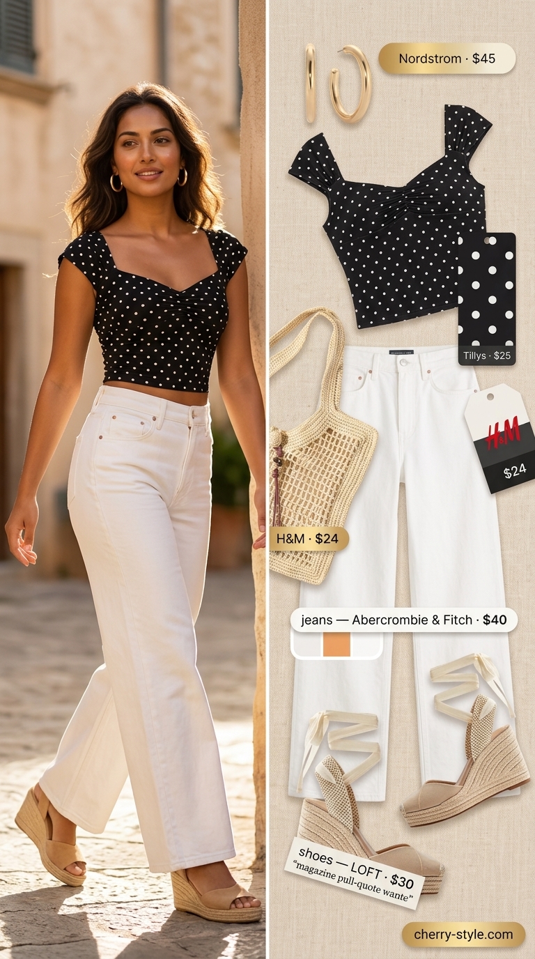 Black polka dot blouse with wide-leg jeans for summer outfits for women 2026. Classic brunch style.