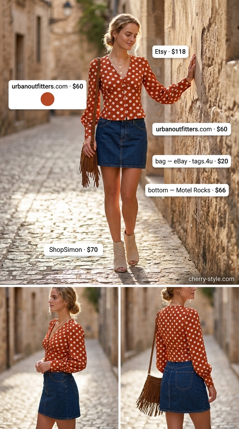 Rust orange polka dot peasant blouse with denim mini skirt for a bohemian festival look 2026.