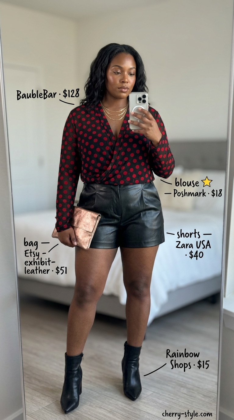 Rust and black polka dot sheer blouse with faux leather shorts for an edgy concert outfit 2026.