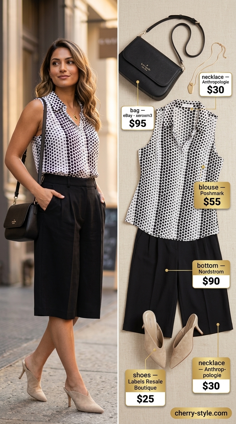 Cream polka dot blouse with black culottes for summer outfits for women 2026. Business casual.