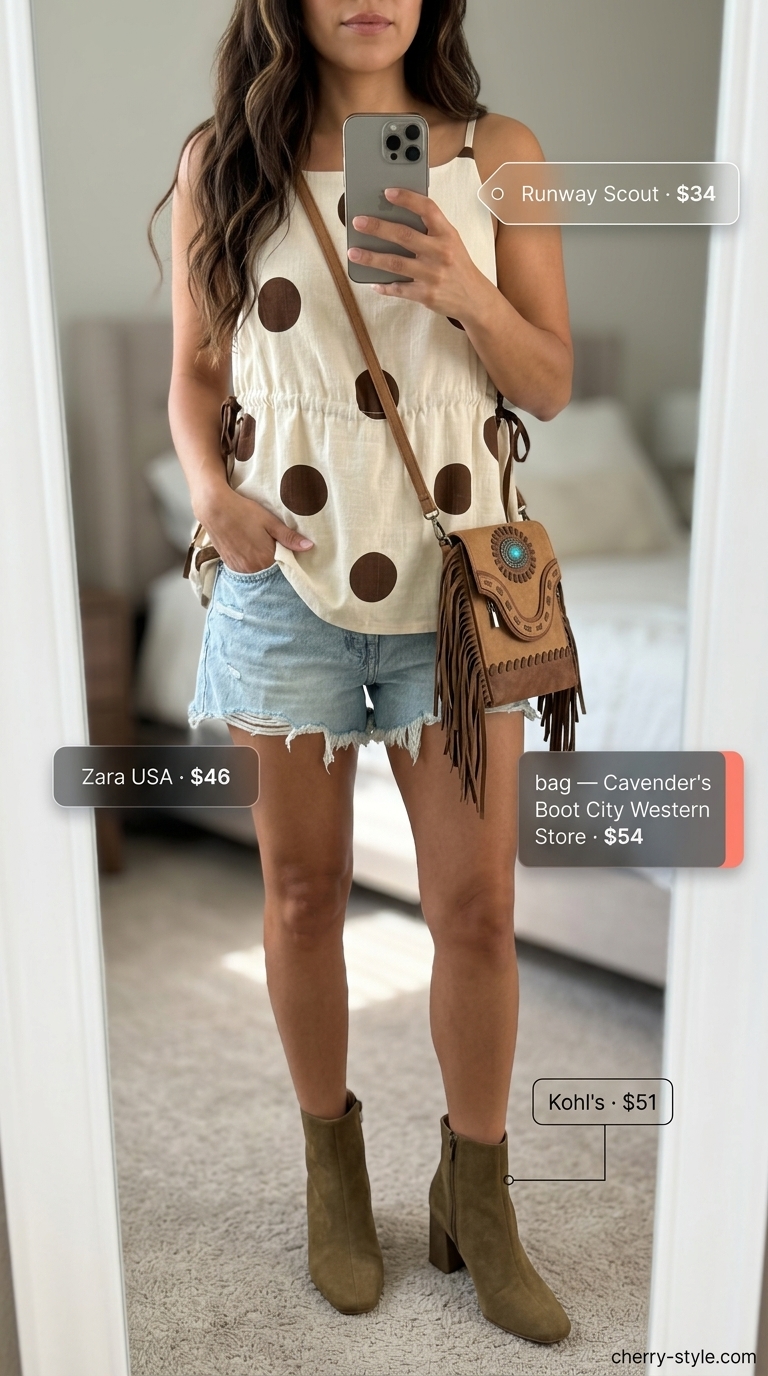 Cream polka dot blouse with denim shorts for summer outfits for women 2026. Boho style.