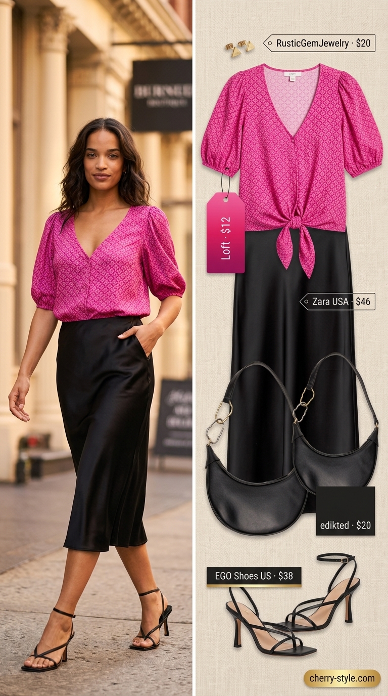 Hot pink polka dot cropped blouse with satin midi skirt for a playful date night outfit 2026.