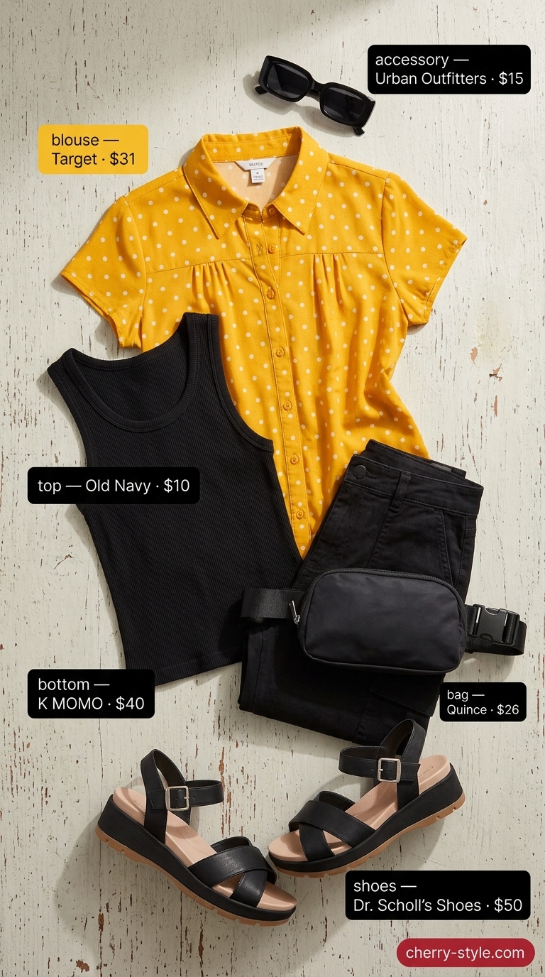 Bright yellow polka dot blouse with cargo pants for an edgy urban outfit 2026.