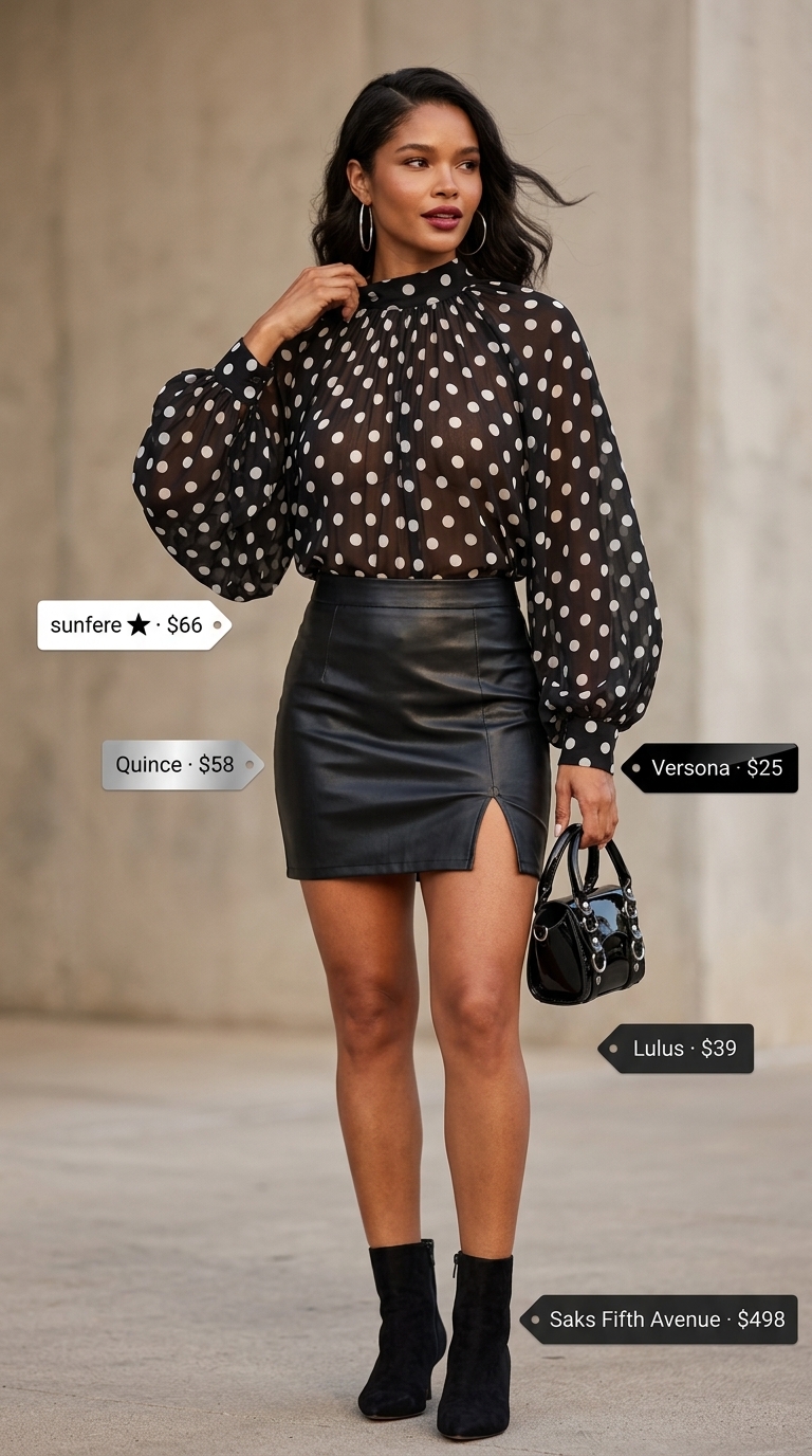 Glamorous black velvet polka dot blouse with faux leather skirt for evening summer polka dots blouse outfits for women 2026.