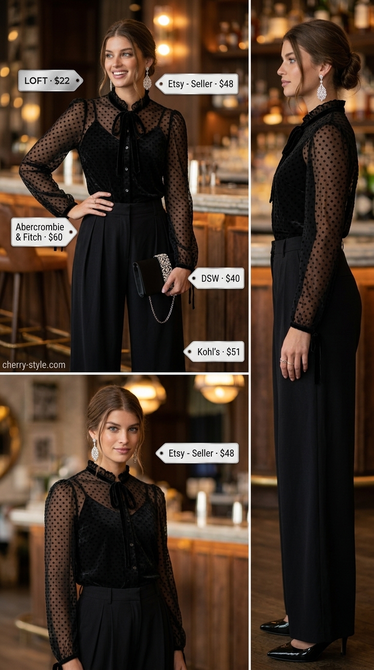Black velvet polka dot chiffon blouse with wide-leg trousers for sophisticated evening wear 2026.