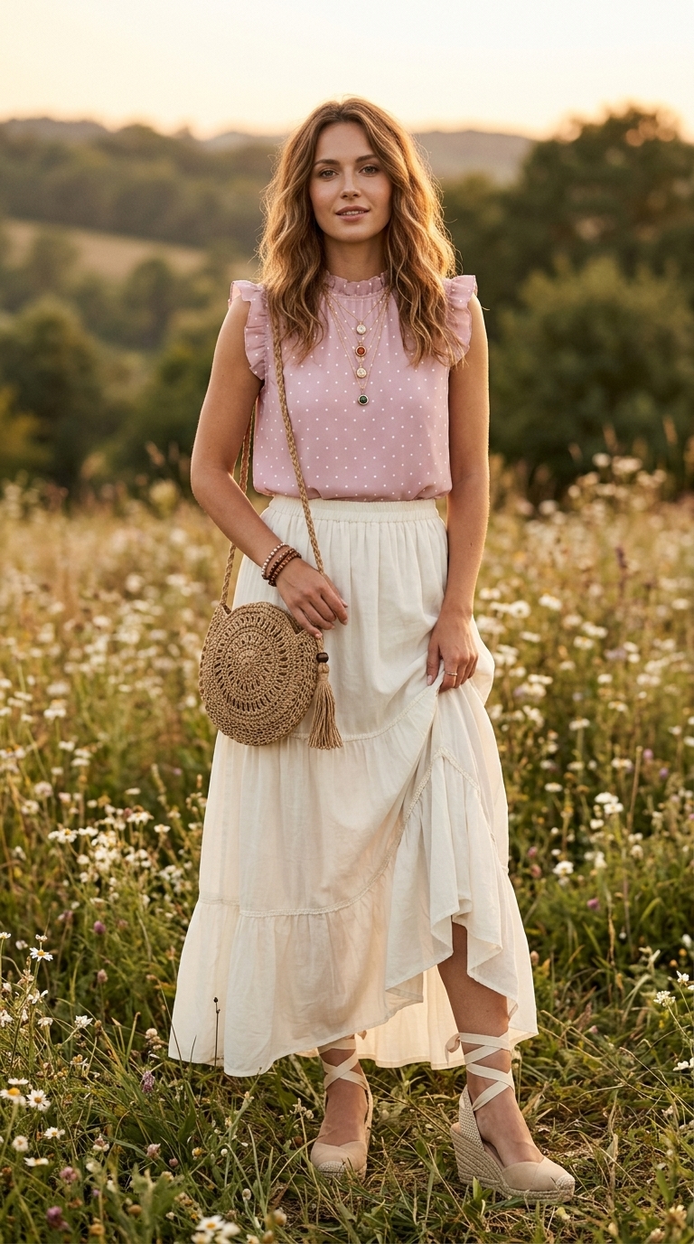 Bohemian dusty rose polka dot blouse with tiered maxi skirt for garden party summer polka dots blouse outfits for women 2026.
