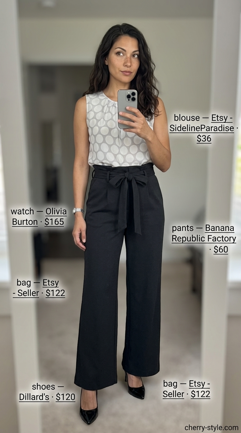 Grey polka dot blouse with charcoal trousers for summer outfits for women 2026. Office wear.