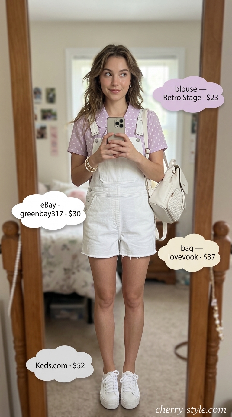 Lavender polka dot blouse with white overalls for summer outfits for women 2026. Whimsical style.