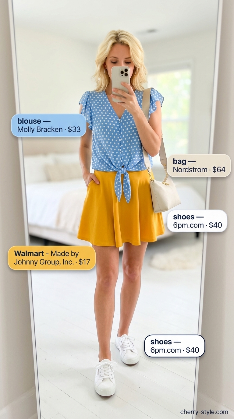 Light blue polka dot blouse with yellow skirt for summer outfits for women 2026. Playful style.