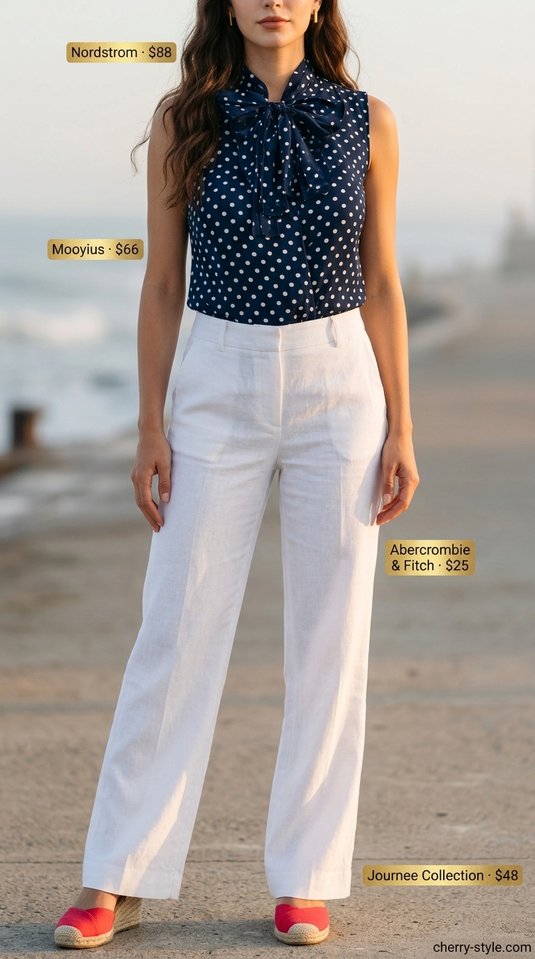 Navy polka dot blouse with white linen trousers for summer outfits for women 2026. Riviera style.