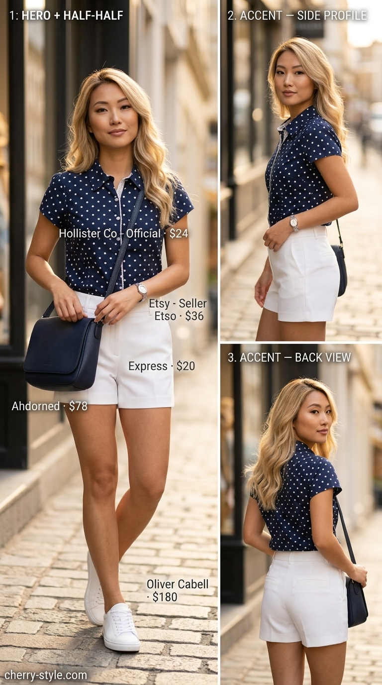 Navy micro polka dot blouse with white chino shorts for summer outfits for women 2026. Modern city look.
