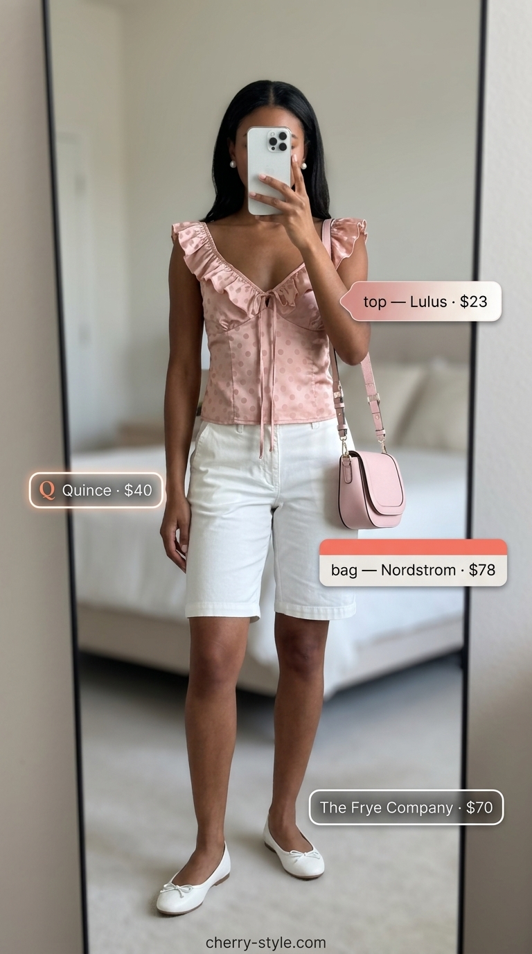 Pastel pink polka dot blouse with white Bermuda shorts for summer outfits for women 2026. Garden party.