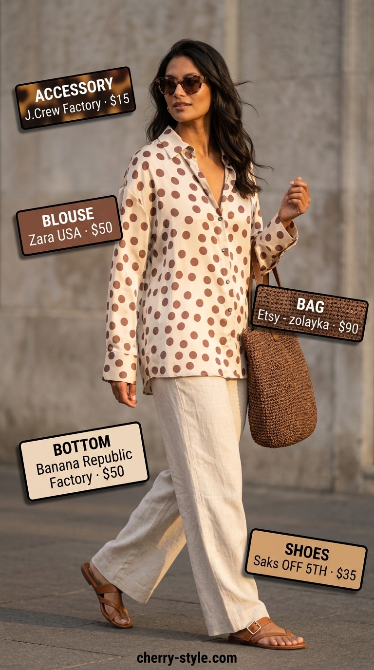 Relaxed cream polka dot blouse with beige linen pants for resort summer polka dots blouse outfits for women 2026.