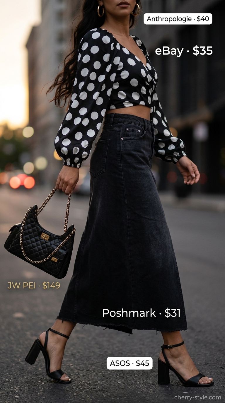 Black and white polka dot puff-sleeve blouse with denim midi skirt for a sultry date night 2026.