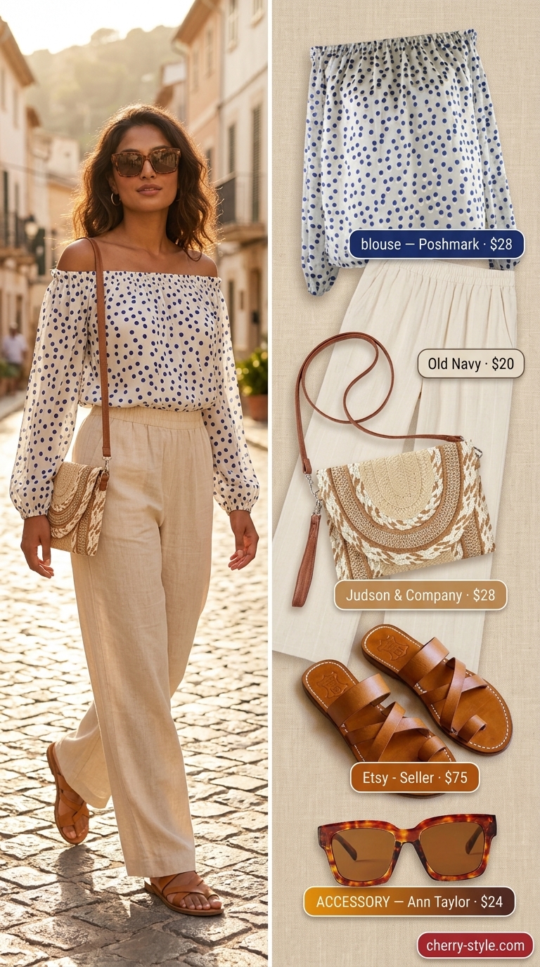 Women's navy and white polka dot off-shoulder blouse with linen pants for a relaxed vacation outfit 2026.