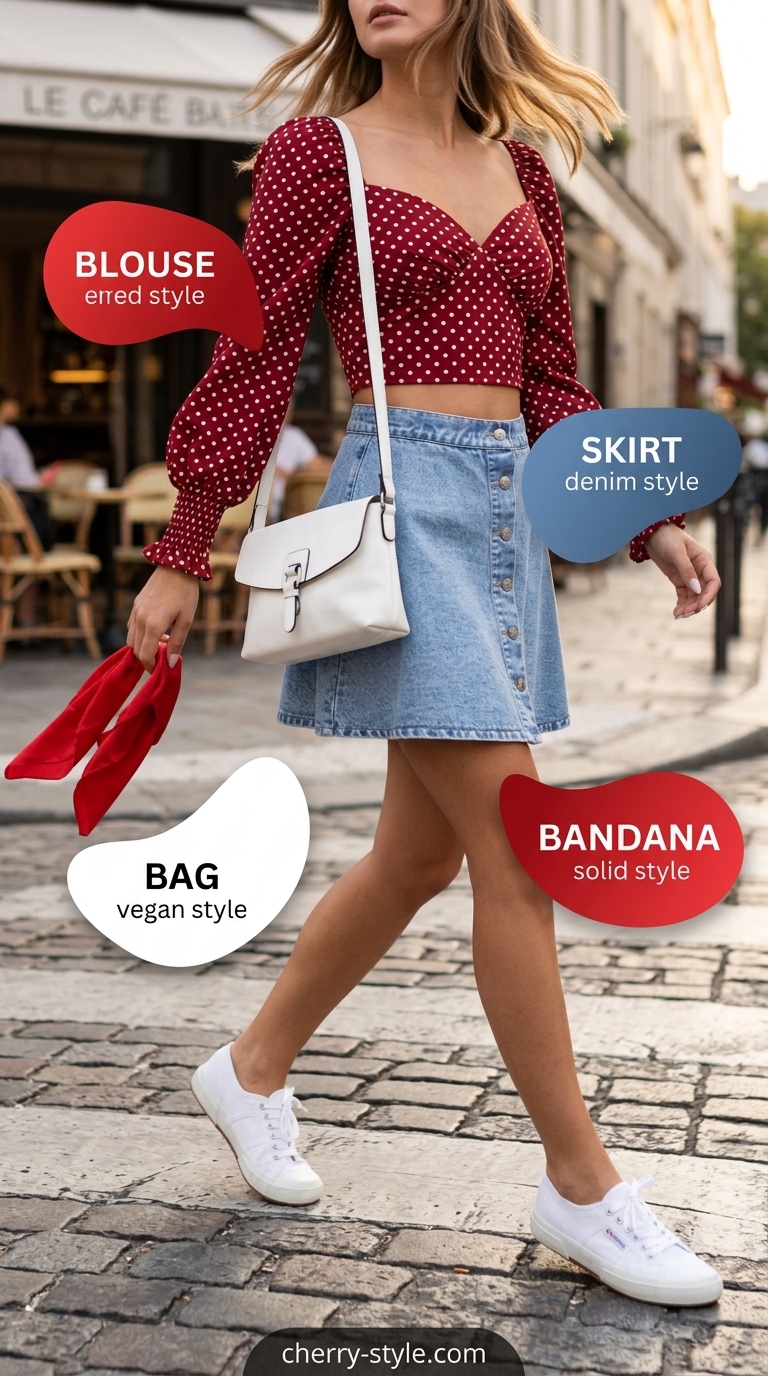 Playful red polka dot blouse with denim skirt for casual summer polka dots blouse outfits for women 2026.