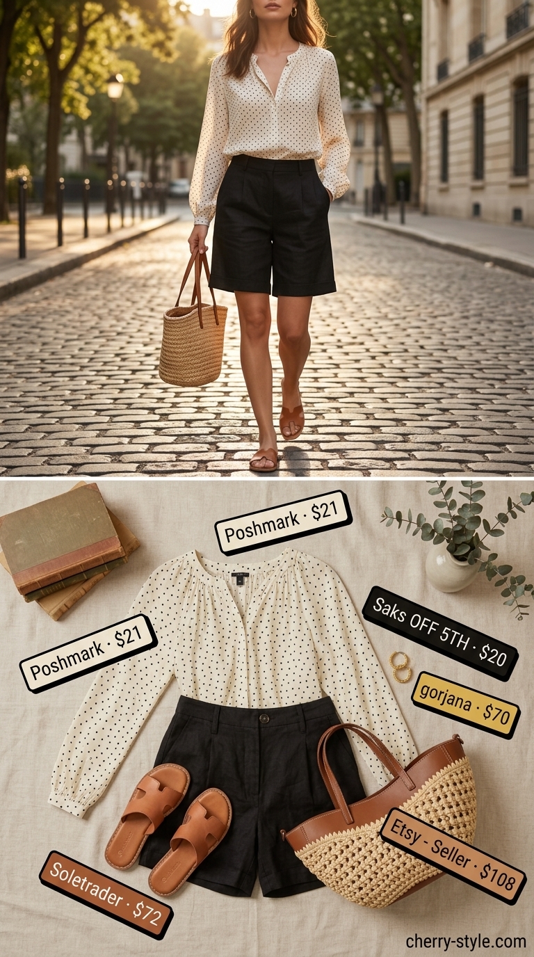 White polka dot blouse with black linen shorts for summer outfits for women 2026. Parisian style.