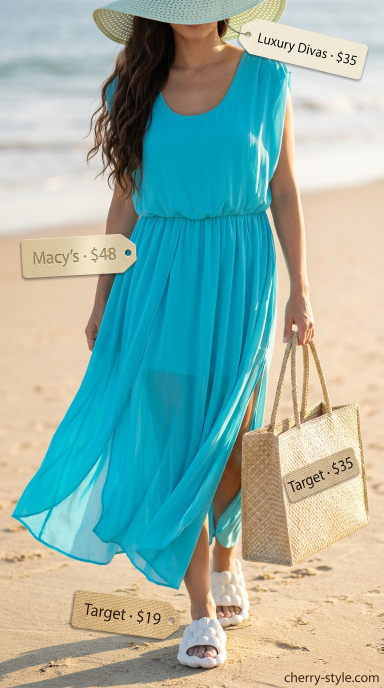 Carefree summer Scoop Neck outfits for women 2026: Light blue tunic cover-up, straw hat, beach tote.