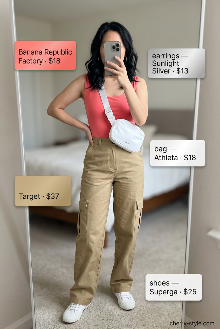 Trendy summer Scoop Neck outfits for women 2026: Beige cargo pants, coral tee, white sneakers, belt bag.