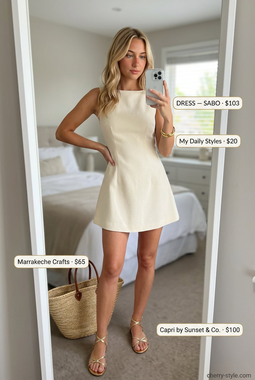 Cream linen scoop neck mini dress with gold accessories for summer outfits for women 2026. Chic and effortless.