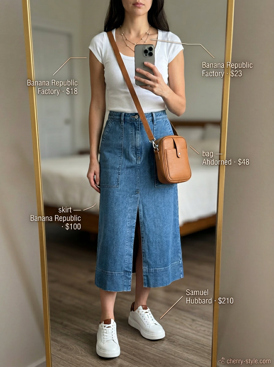 Denim midi skirt with white scoop neck tee for summer outfits for women 2026. Casual and classic.