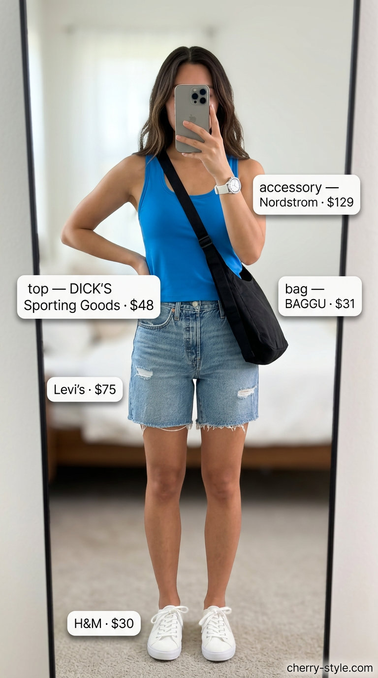 Electric blue scoop neck tank with denim shorts for summer outfits for women 2026. Sporty and casual.