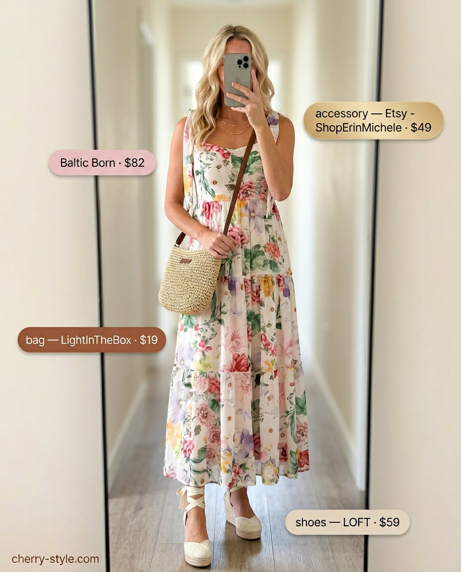 Romantic pastel floral maxi dress with scoop neck, perfect for summer Scoop Neck outfits for women 2026 garden parties.