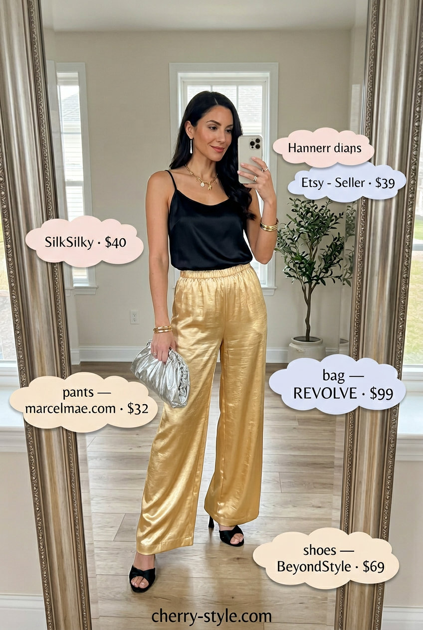 Gold satin wide leg pants with black scoop neck camisole for summer outfits for women 2026. Glamorous.