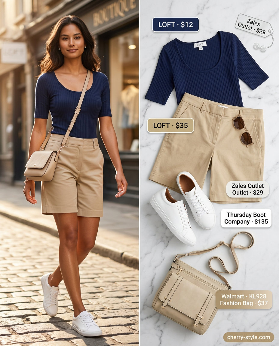 Casual city exploration outfit: navy scoop neck tee, khaki Bermuda shorts, white sneakers for summer Scoop Neck outfits for women 2026.
