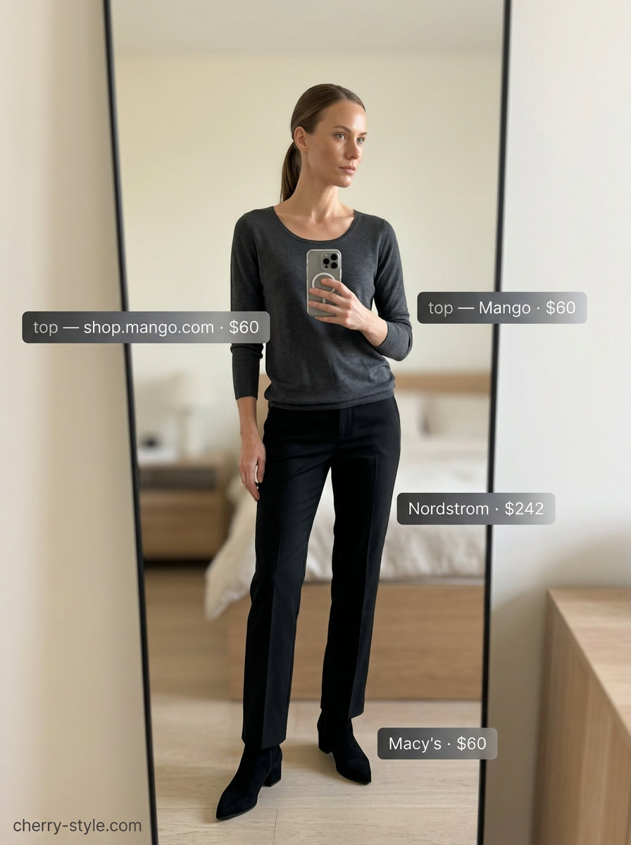 Charcoal grey knit scoop neck dress with black boots for summer outfits for women 2026. Minimalist.