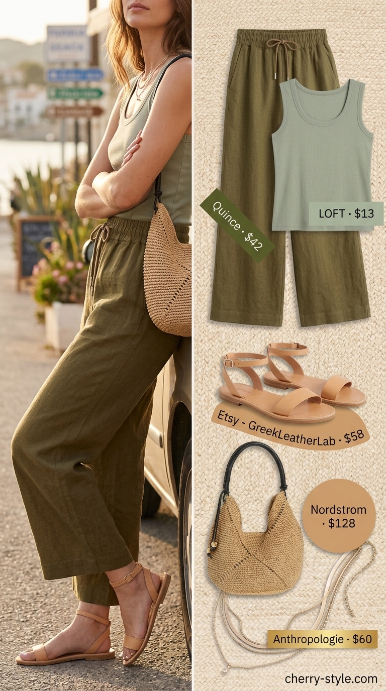 Relaxed summer Scoop Neck outfits for women 2026: Olive linen pants, ribbed tank, straw bag, leather sandals.