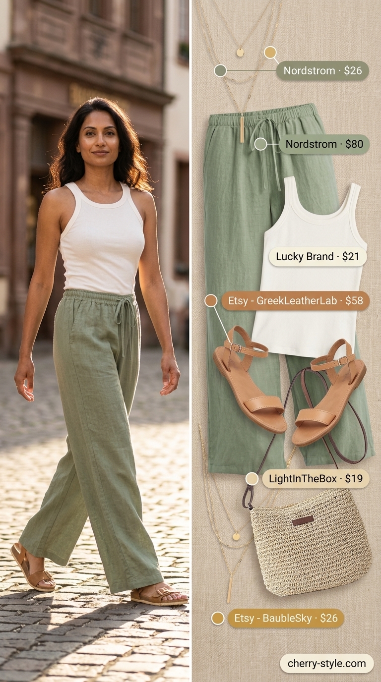 Breezy sage green linen pants and white scoop neck tank for summer Scoop Neck outfits for women 2026 casual days.