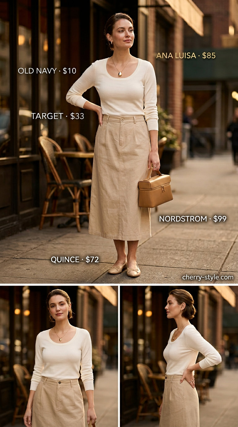 Elegant beige linen midi skirt and cream scoop neck top for summer Scoop Neck outfits for women 2026 daytime events.