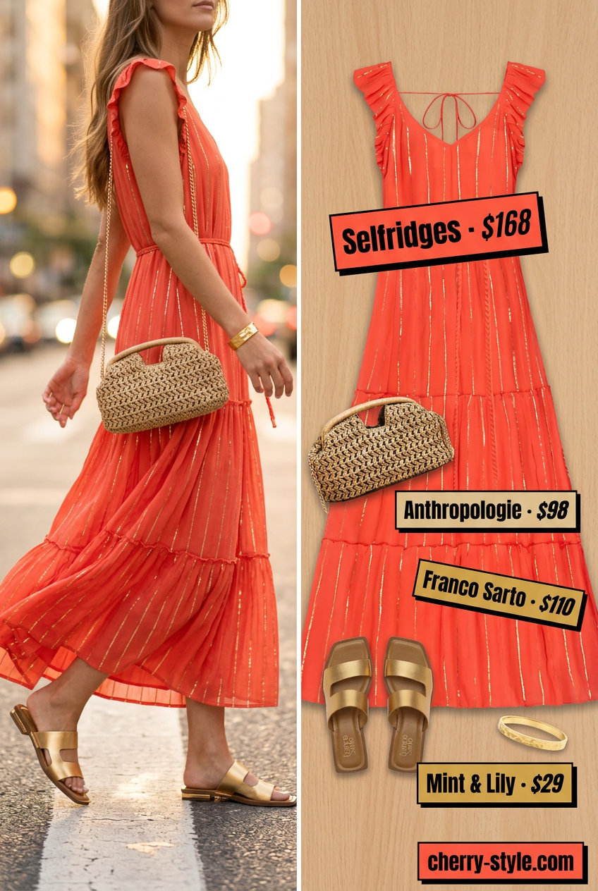 Glamorous summer Scoop Neck outfits for women 2026: Coral maxi dress, gold bracelet, raffia clutch.