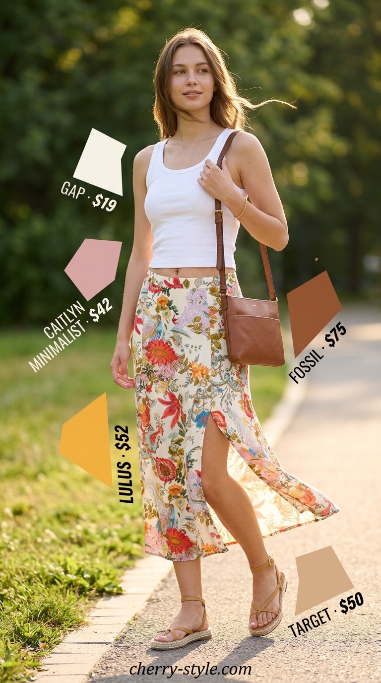 Playful summer Scoop Neck outfits for women 2026: Pastel pink floral skirt, ribbed tank, espadrilles.