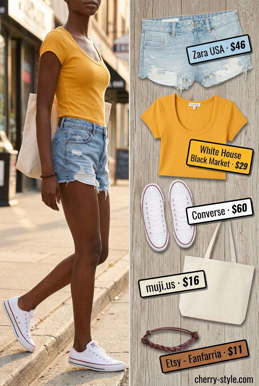 Mustard yellow scoop neck knit top with denim shorts for summer outfits for women 2026. Relaxed.