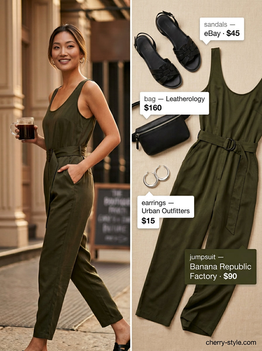 Olive green scoop neck jumpsuit with black accessories for summer outfits for women 2026. Chic and modern.