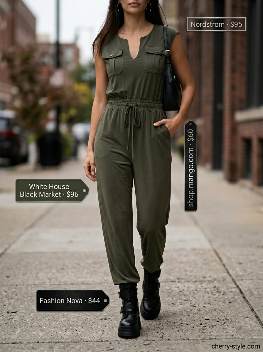 Modern summer Scoop Neck outfits for women 2026: Olive green utility jumpsuit, combat boots, crossbody bag.