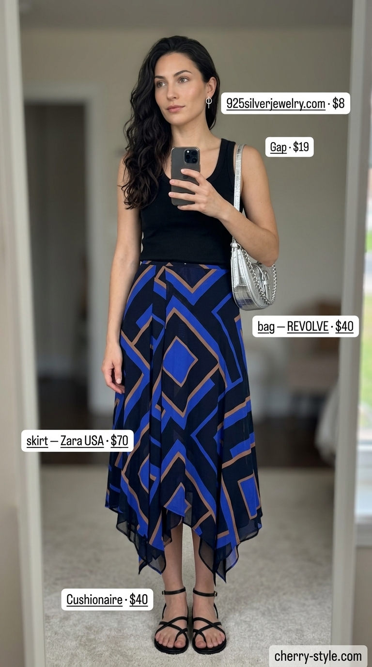 Artsy muted teal summer skirt outfit 2026: Asymmetrical wrap skirt, ribbed tank, metallic crossbody, strappy sandals.