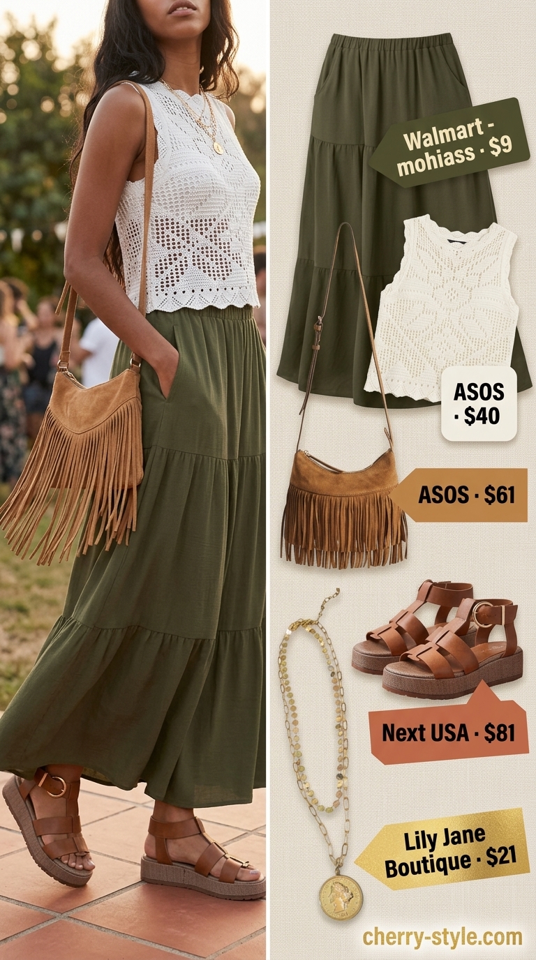 Bohemian summer skirt outfit 2026: Olive green tiered maxi skirt, crochet crop top, fringe bag, gladiators.