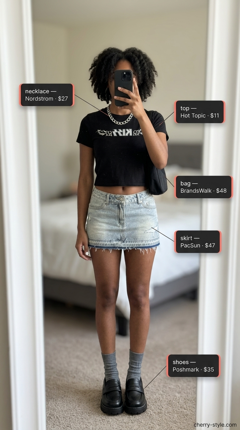 Edgy city summer skirt outfit 2026: Light blue denim mini skirt, graphic tee, chunky loafers, silver chain.