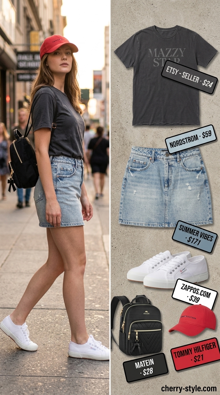 Casual light denim skirt with graphic tee for summer skirt outfits for women 2026 city exploring.