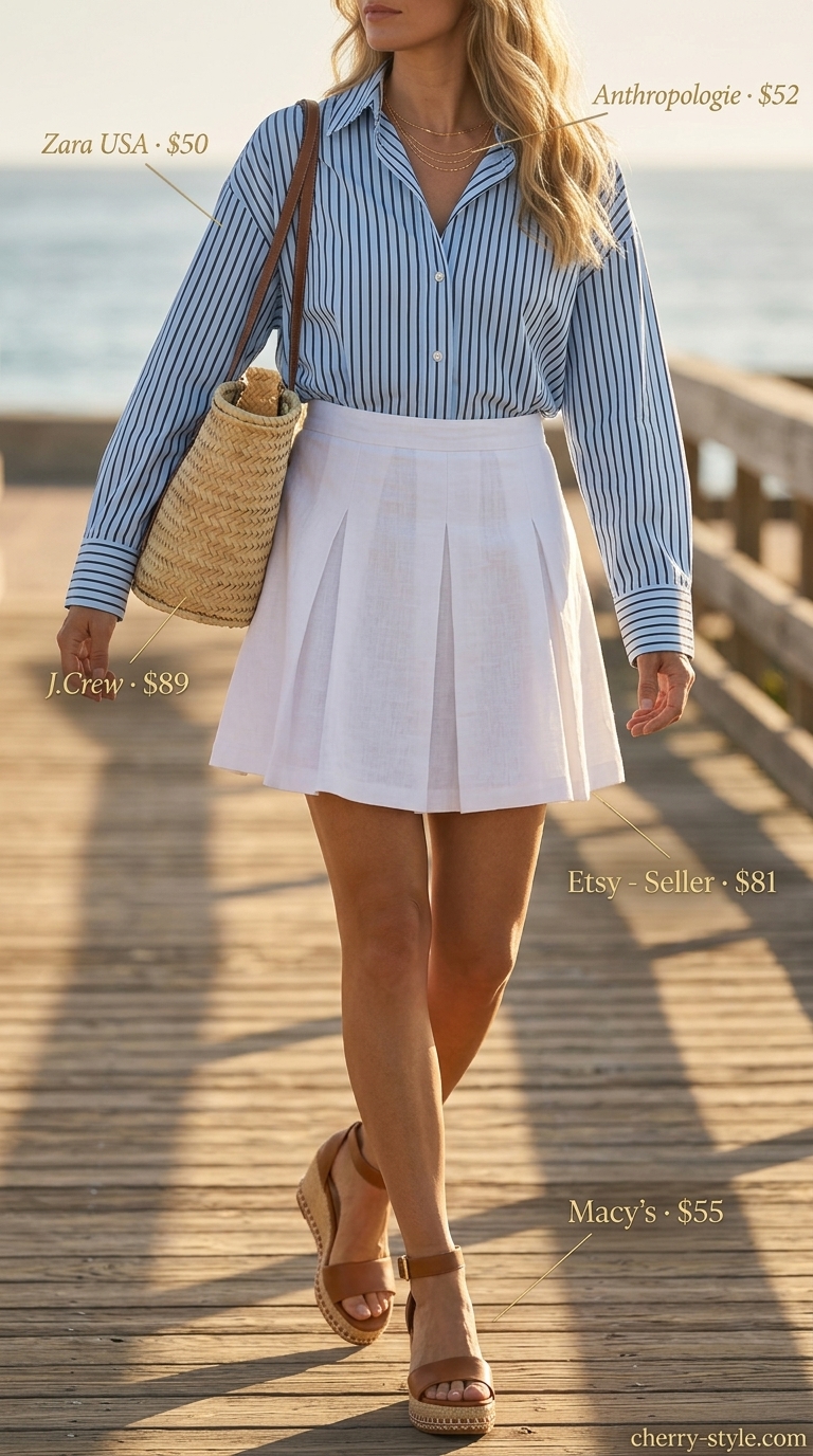 White pleated mini skirt with blue striped shirt for summer skirt outfits for women 2026 coastal brunch.