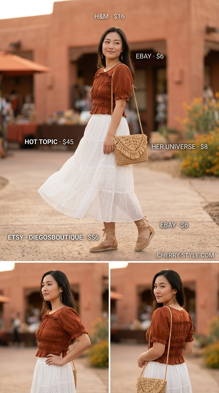 Bohemian summer skirt outfit for women 2026: Cream eyelet midi skirt, terracotta peasant blouse, straw bag, espadrilles.