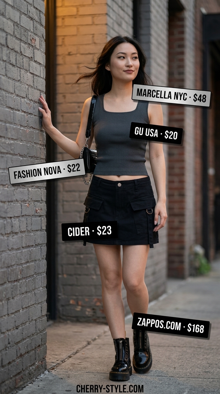 Edgy summer skirt outfit for women 2026: Black utility mini skirt, charcoal crop top, platform boots, silver hoops.