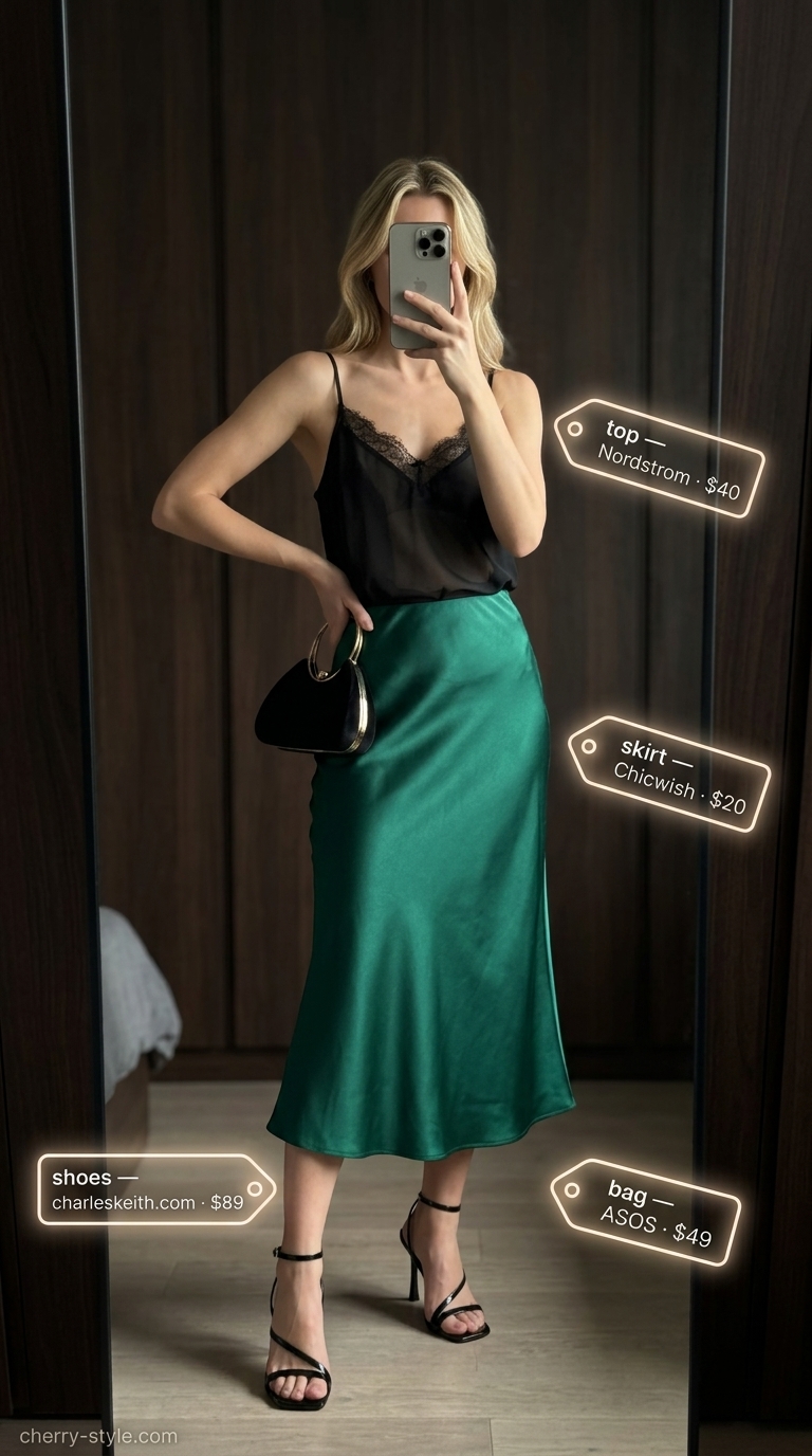 Elegant emerald green summer skirt outfit 2026: Satin midi skirt, lace camisole, strappy heels, velvet clutch.