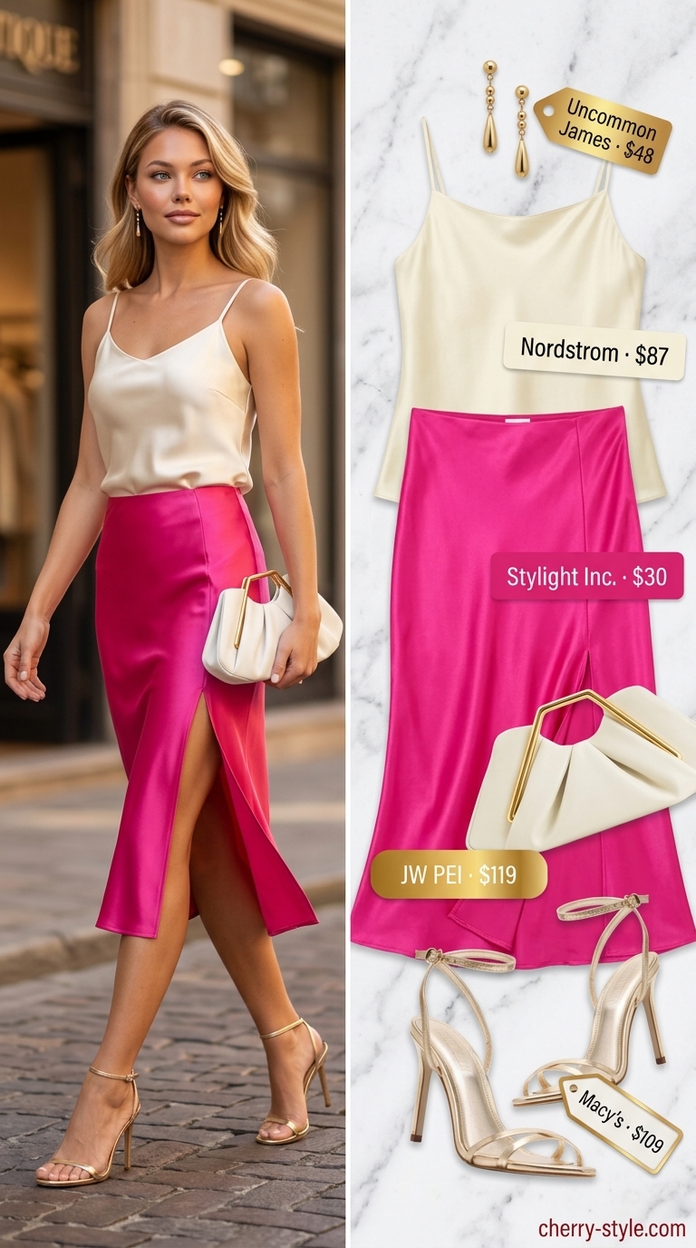 Vibrant summer skirt outfit for women 2026: Hot pink satin midi skirt, ivory camisole, gold clutch, stiletto sandals.